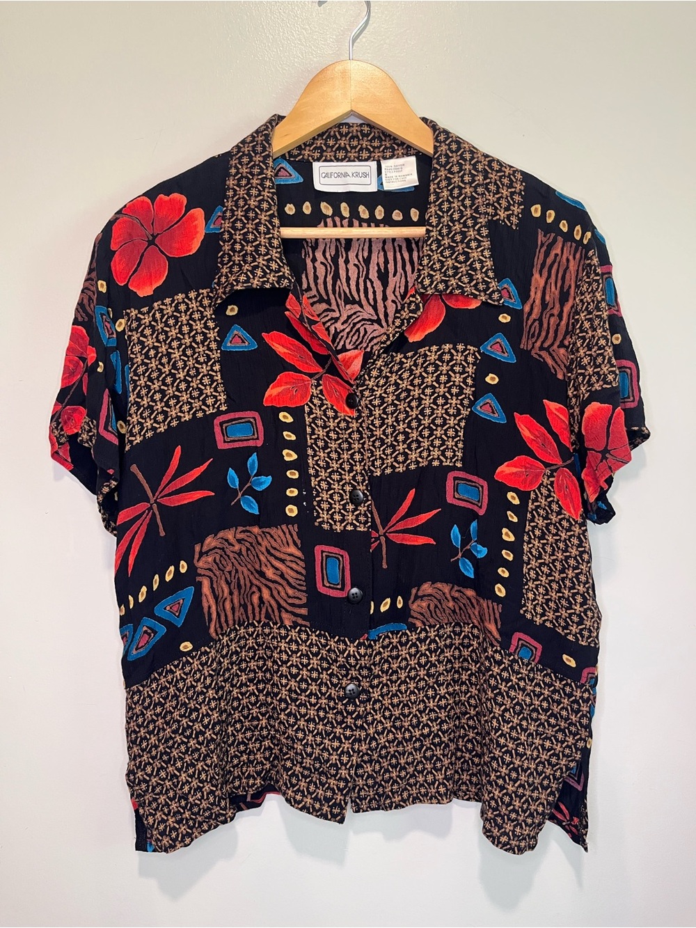 Vintage California Krush Button-Up Black Rust Blue Floral Patterns Boho